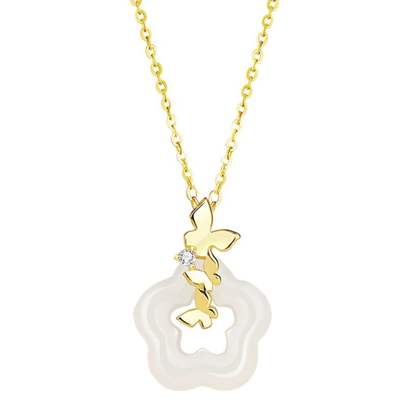 Butterfly Sterling Silver 925 White Jade Necklace Women's Fashion Versatile Flower-like Brocade Clavicle Chain Ins Style Plum Pendant