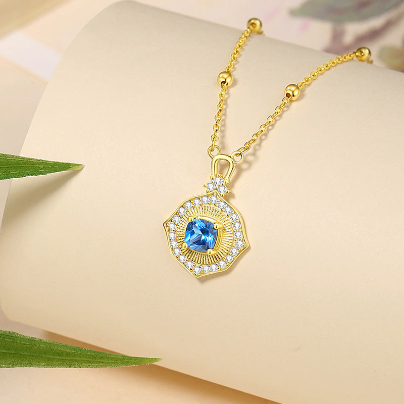 Ocean Heart Sterling Silver 925 Necklace Female Niche Design Light Luxury Zircon Cube Sugar Clavicle Chain Ins Love Pendant