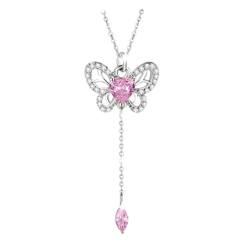 Butterfly Sterling Silver 925 Necklace Female Niche Design Light Luxury Pink Zircon Tassel Clavicle Chain Ins Love Pendant