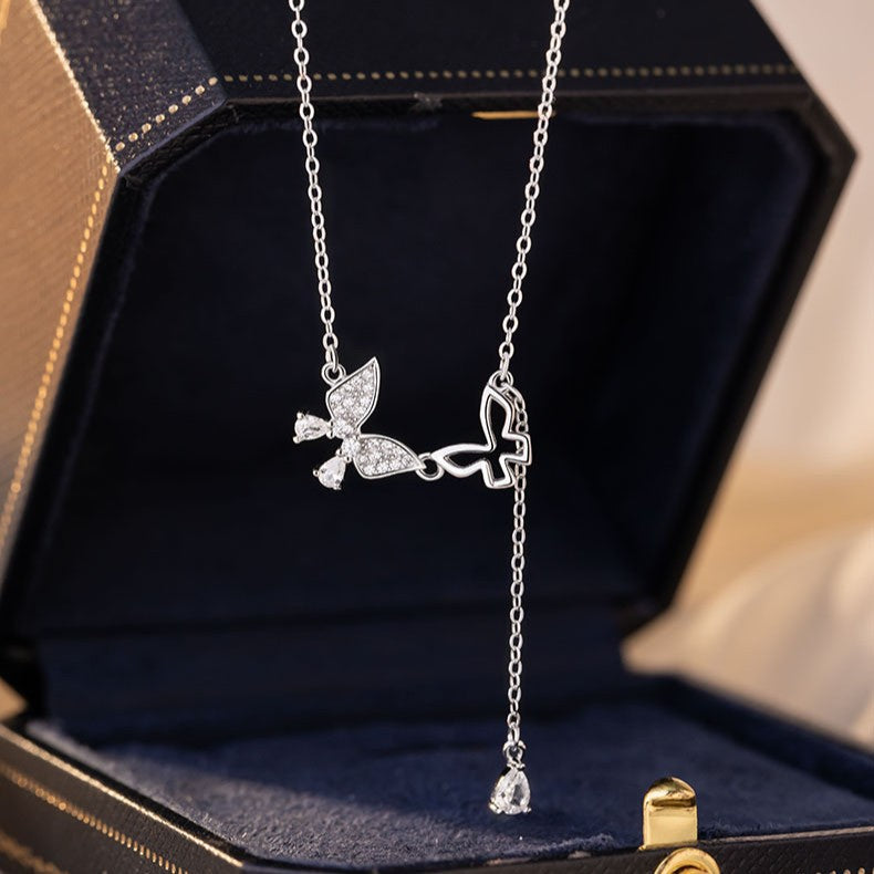 Butterfly Pure Silver 999 Necklace Women's Light Luxury High-Grade Star Tassel Zircon Clavicle Chain Small Red Book Same Pendant