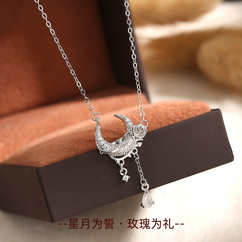 S925 Sterling Silver Moon Rose Necklace Female White Agate Tassel Clavicle Chain Niche Design High-Grade Light Luxury Silver Jewelry