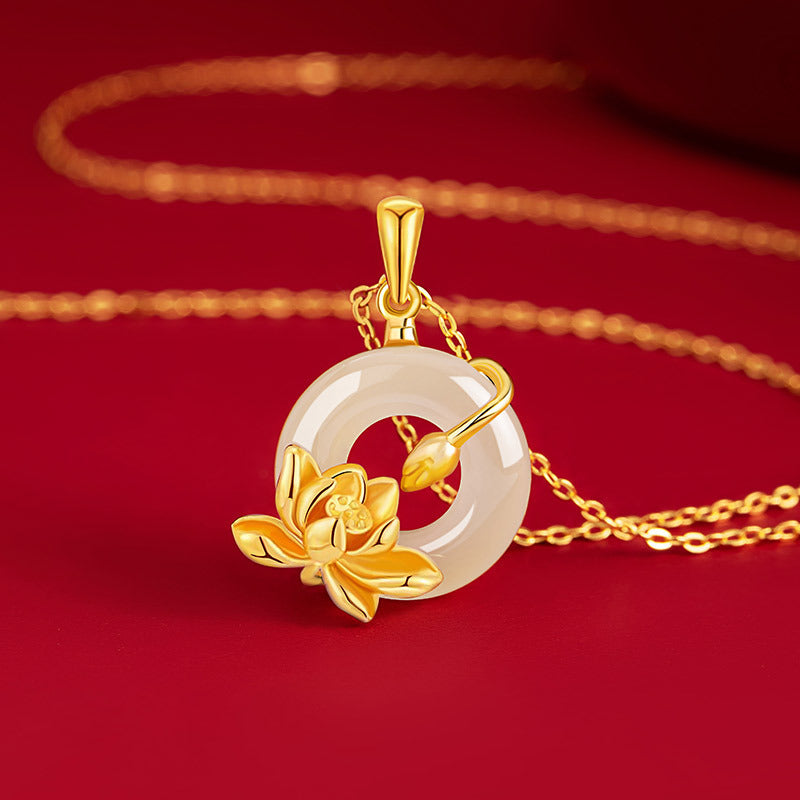 Lotus Pure Silver 999 Chalcedony Necklace Female New Chinese National Fashion Safety Buckle Clavicle Chain Ins Mother's Day Gift Pendant