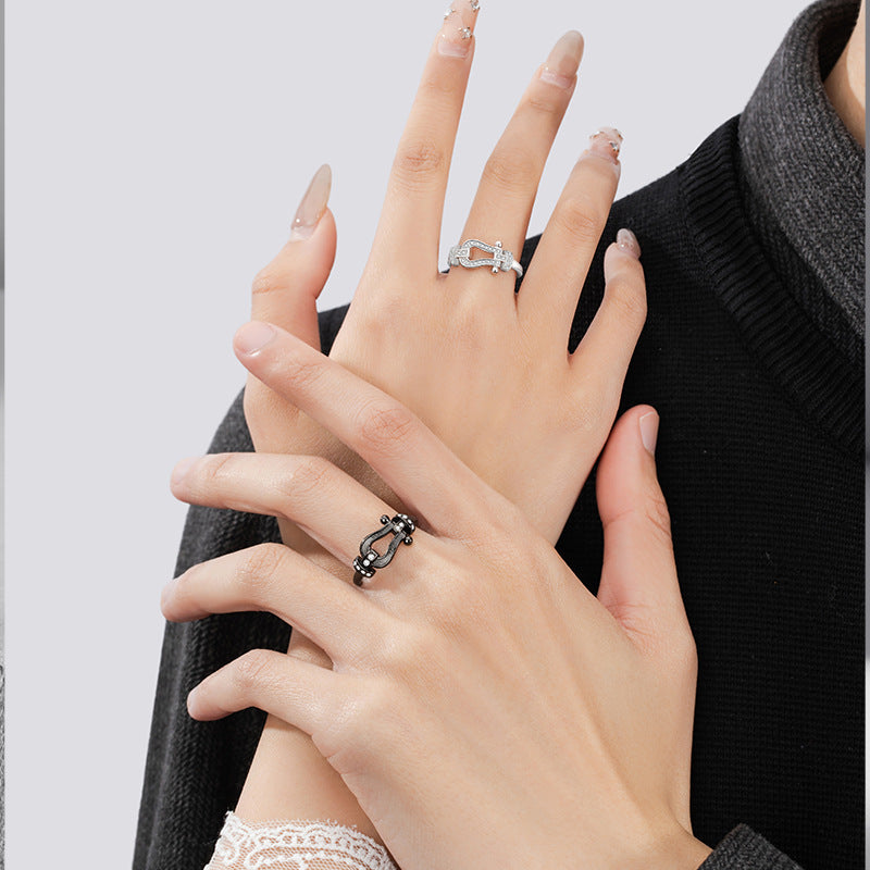 Horseshoe Buckle Sterling Silver 925 Couple Ring Fashion Versatile Zircon Navigation Buckle Ring Ins Style Double Ring Pair Ring
