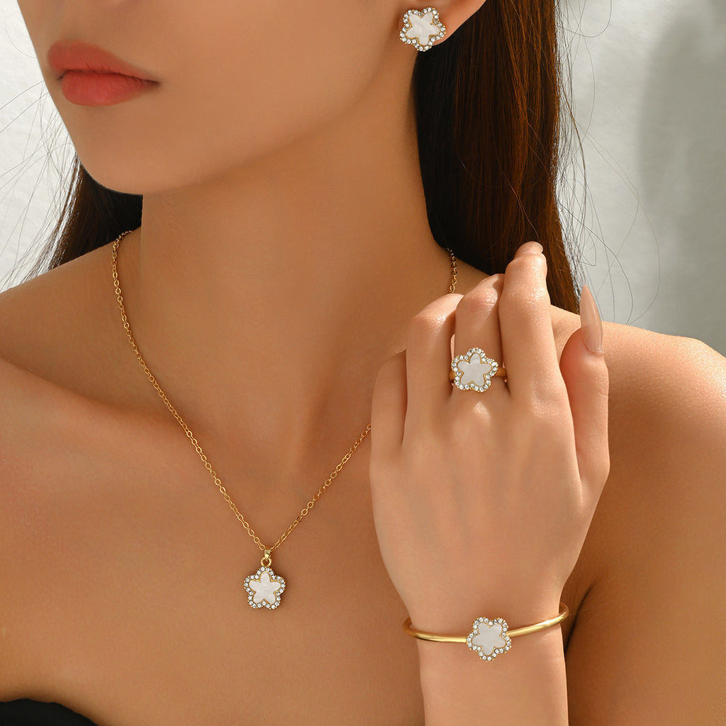 Cross-Border European and American Style Women's Jewelry Set Geometric Flower Design Necklace Versatile High-Grade Earrings Ring for Women