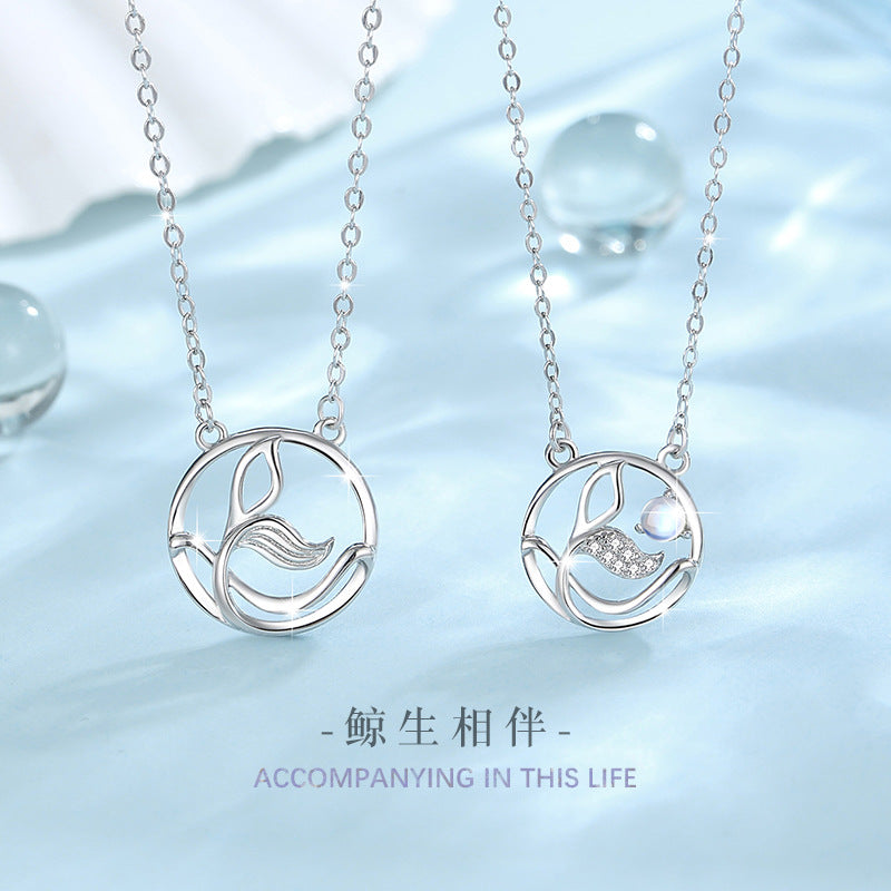 Whale Has You Sterling Silver 925 Couple Necklace Men and Women Fashion All-Match Glass Stone Clavicle Chain Whale Tail Pendant
