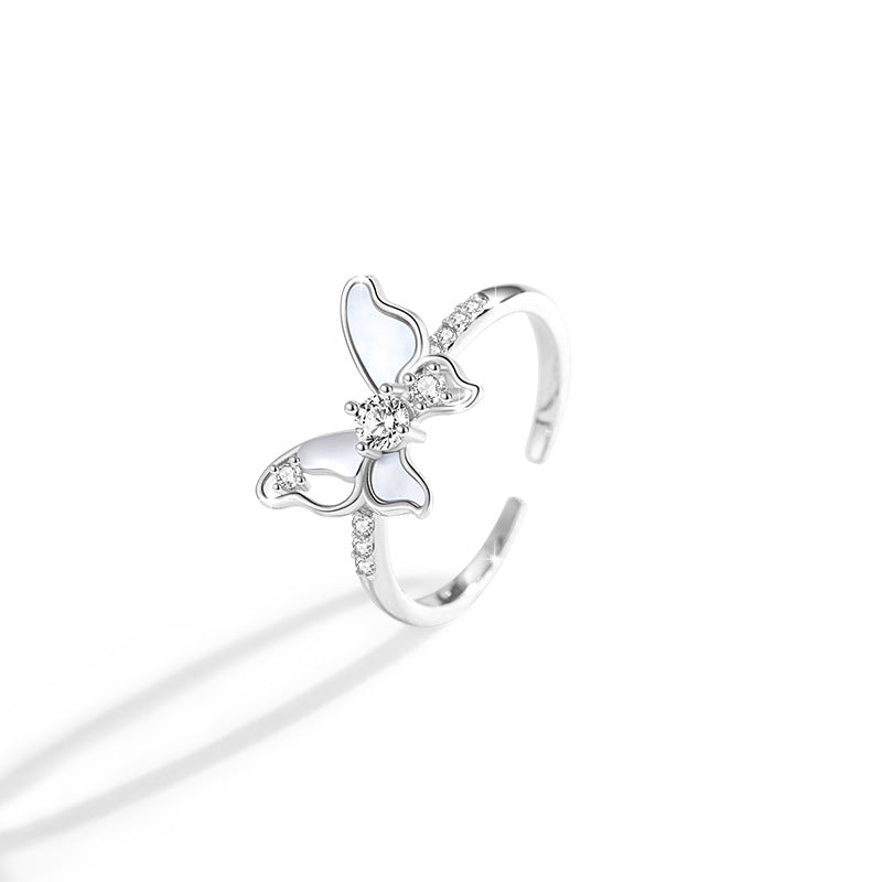 Butterfly Sterling Silver 925 Ring Female Niche Design Light Luxury Zircon Ring Girlfriends Same Ins Style Shell Ring