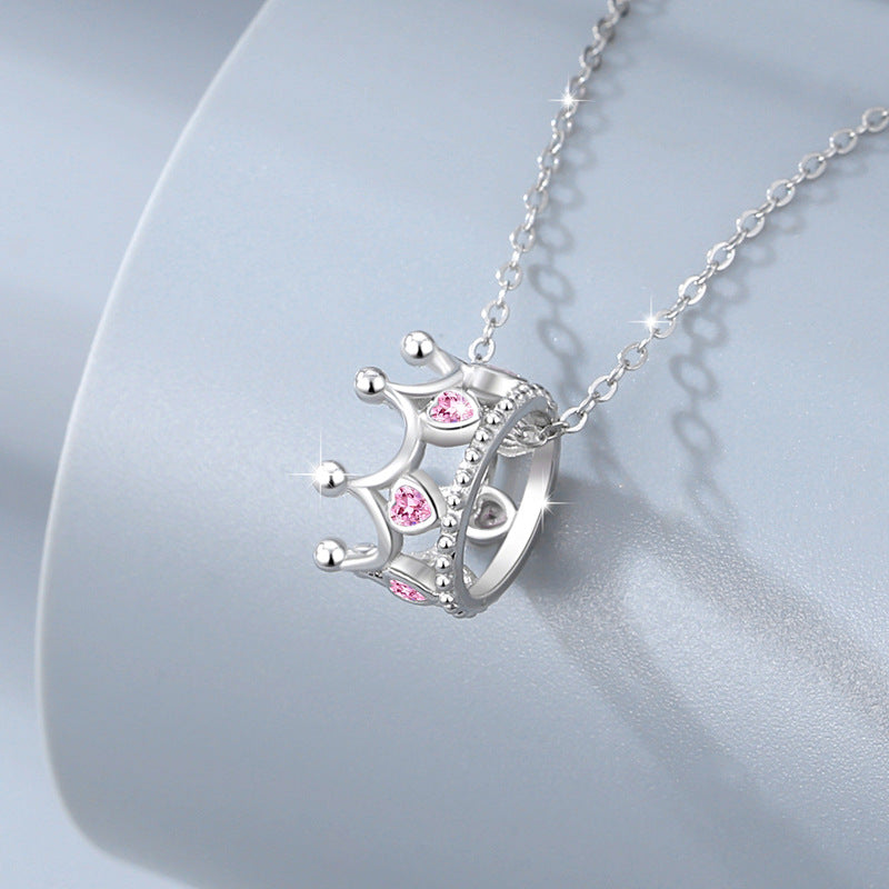Crown Sterling Silver 925 Necklace Female Niche Design Light Luxury Pink Diamond Clavicle Chain Qixi Ins Style Love Pendant