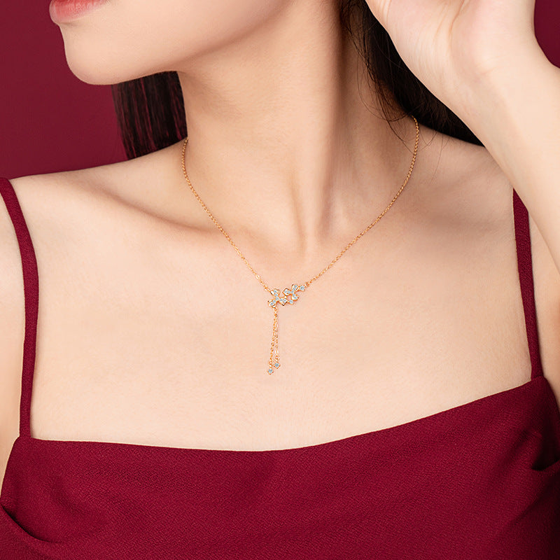 Flowers like Brocade Sterling Silver 925 Necklace Female Niche Design Light Luxury Zircon Tassel Clavicle Chain Ins Flower Pendant