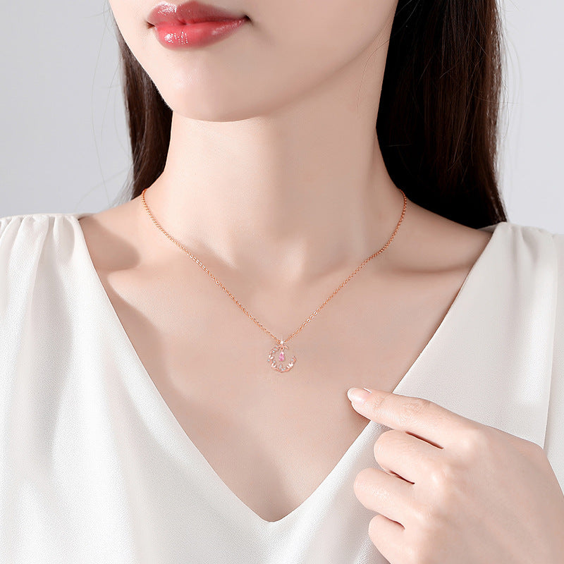 Butterfly Sterling Silver 925 Necklace Women's Fashionable All-Match Pink Zircon Clavicle Chain, INS Style Flower Pendant