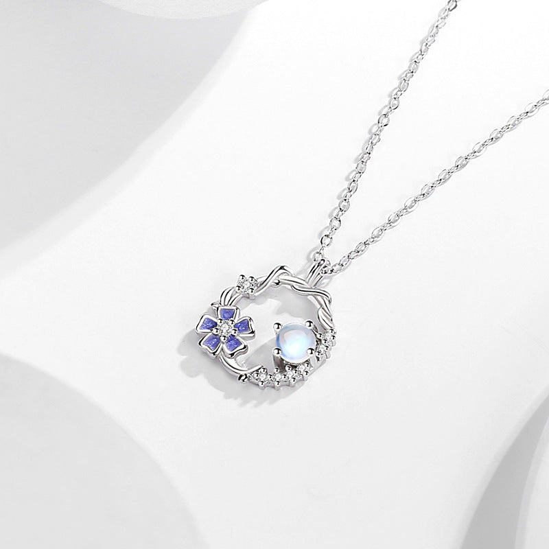 Rainy Season Floral Sterling Silver 925 Necklace Female Niche Design Light Luxury Zircon Clavicle Chain Ins Style Glass Stone Pendant