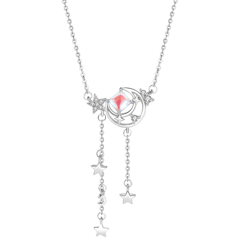 Moon Sterling Silver 925 Necklace Women's Light Luxury All-Match Meteor Shower Clavicle Chain Ins Star Tassel Glass Stone Pendant