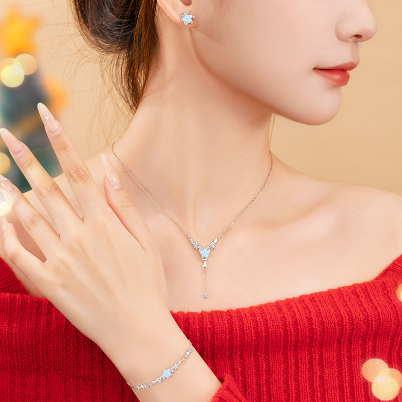 Antler Sterling Silver 925 Necklace Women's Fashion Versatile Tassel Star Clavicle Chain Christmas Ins Style Elk Pendant